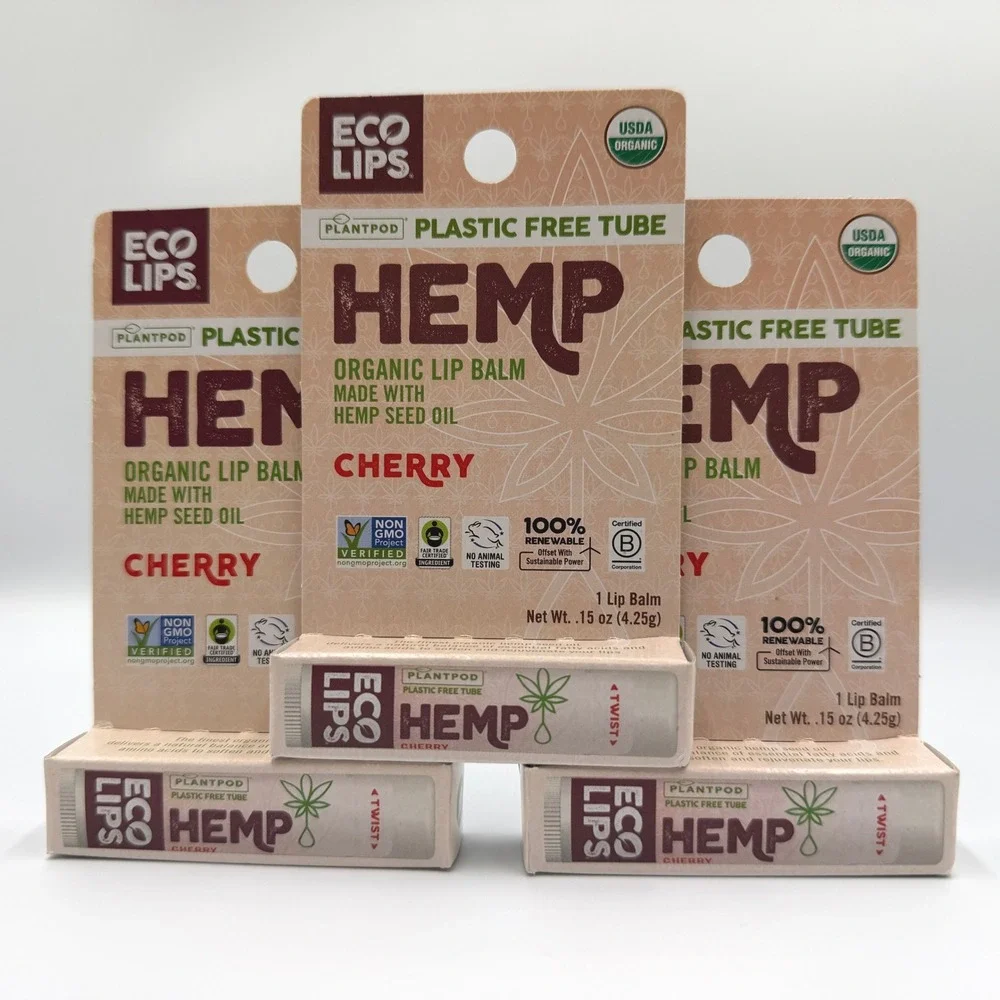 Eco Lips Hemp Lip Balm .15oz Cherry Lot Of (3) Plastic Free Tube Organic **NEW**